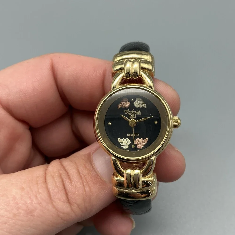 Vintage Black Hills Gold Womens Watch 23mm 12K Gold Leaves Cuff New Battery